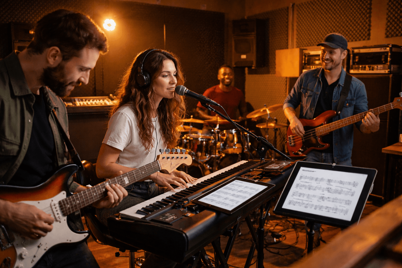 Band rehearsing with tablets showing sheet music